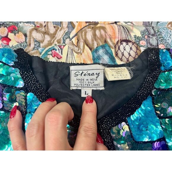 Vtg 80s Stenay Sequin Beaded Multi Colored Black Cardigan Sweater Jacket Sz M/L - Picture 6 of 8